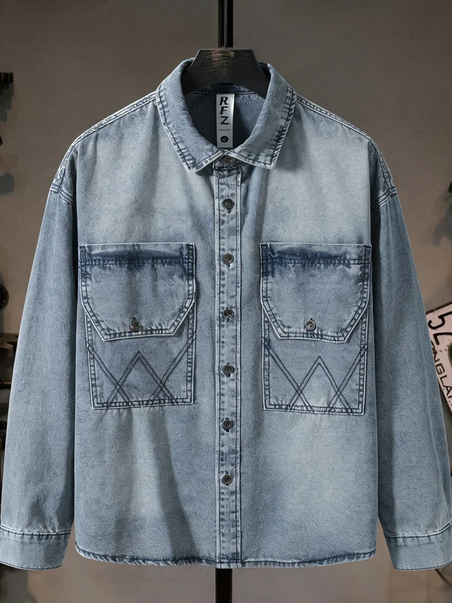 

Waed Denim irt Men's Loose Trendy American Retro Workwear Design Cotton Polyester Blend Long Sve Faionable Outerwear