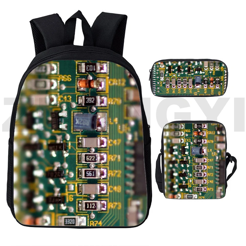 Popular Circuit Board Electronic Chip 3D Print 3pcs/Set School Bags Laptop Daypack Backpack Inclined shoulder bag Pencil Case