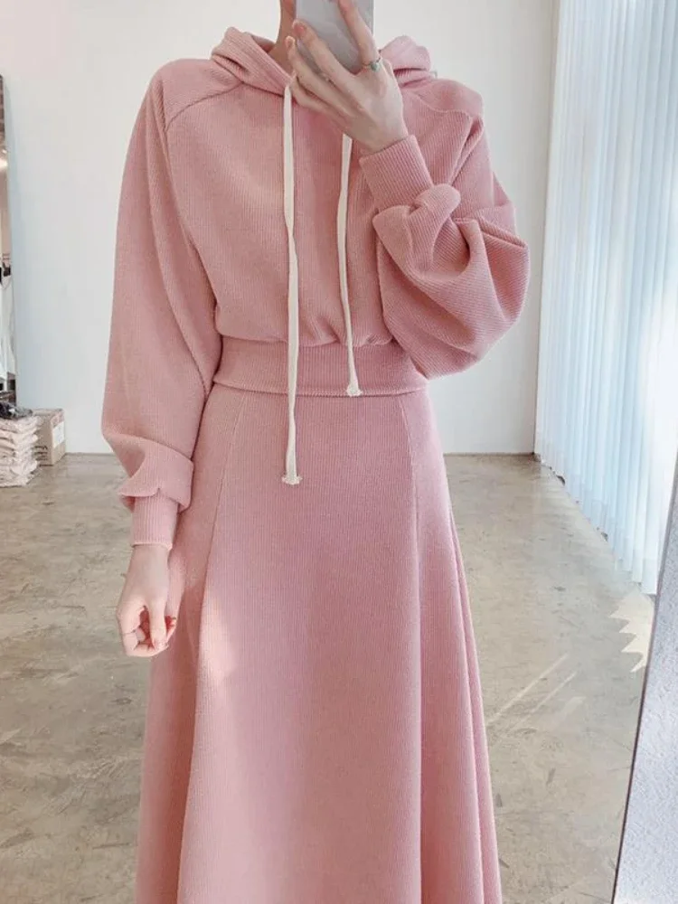 Spring  Autumn New Korean Women\'s Skirt Set Hooded Long Sleeve Hoodies Tops High Waisted Half Length Skirt 2 Piece Sets Womens