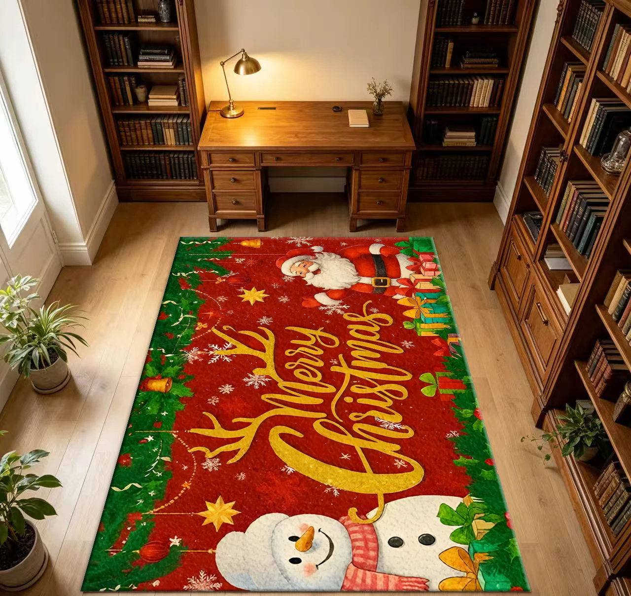 Merry Christmas Santa Claus Snowman Gift Box Xmas Home Area Rug