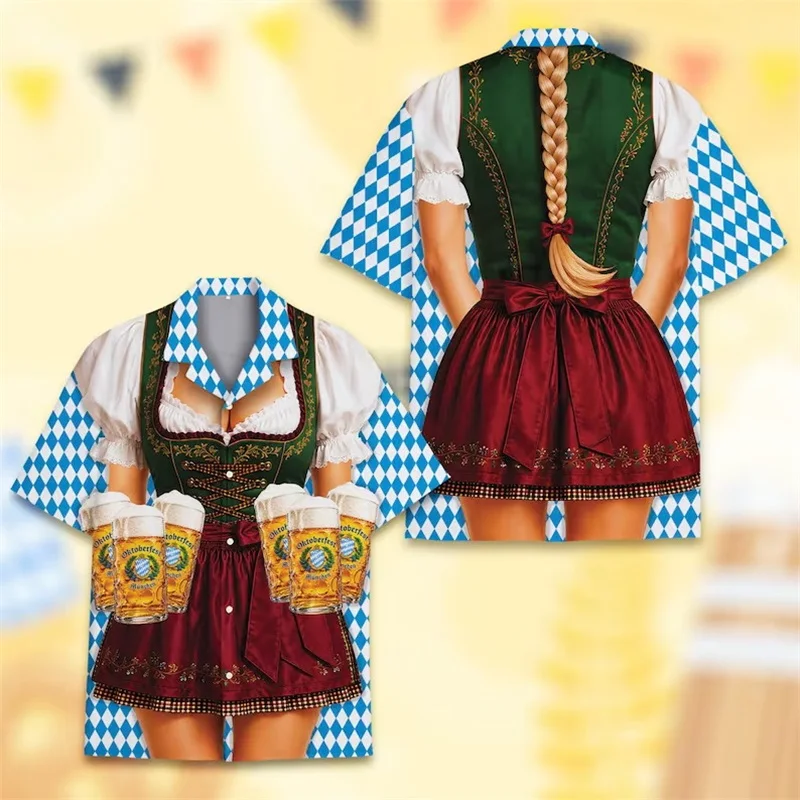 Oktoberfest 3D Simulation Dirndl Costume Hawaiian Shirt for men women Beer Mug Print Short Sleeve German Beer Festival shirt