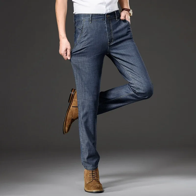

Summer Thin Lyocell Jeans Men's Cool Ice Silk Fitted Straight Trousers Classic Business Work Casual Stretch Denim Pants