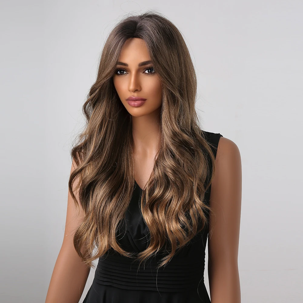 ALAN EATON Chestnut Brown Long Water Wave Wig Female Synthetic Hair Wigs for Black Women Medium Brown Cosplay Wigs Costumes