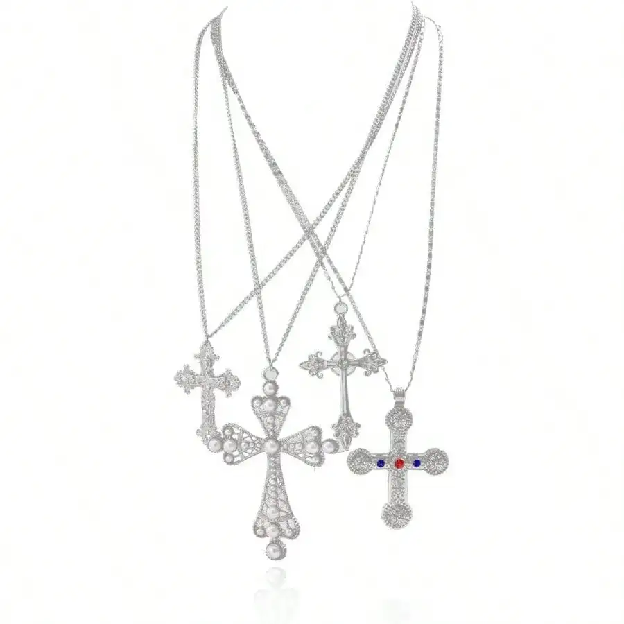 

Layered Silver-Tone Cross Pendant Necklace Set with Imitation Pearls and Rhinestones