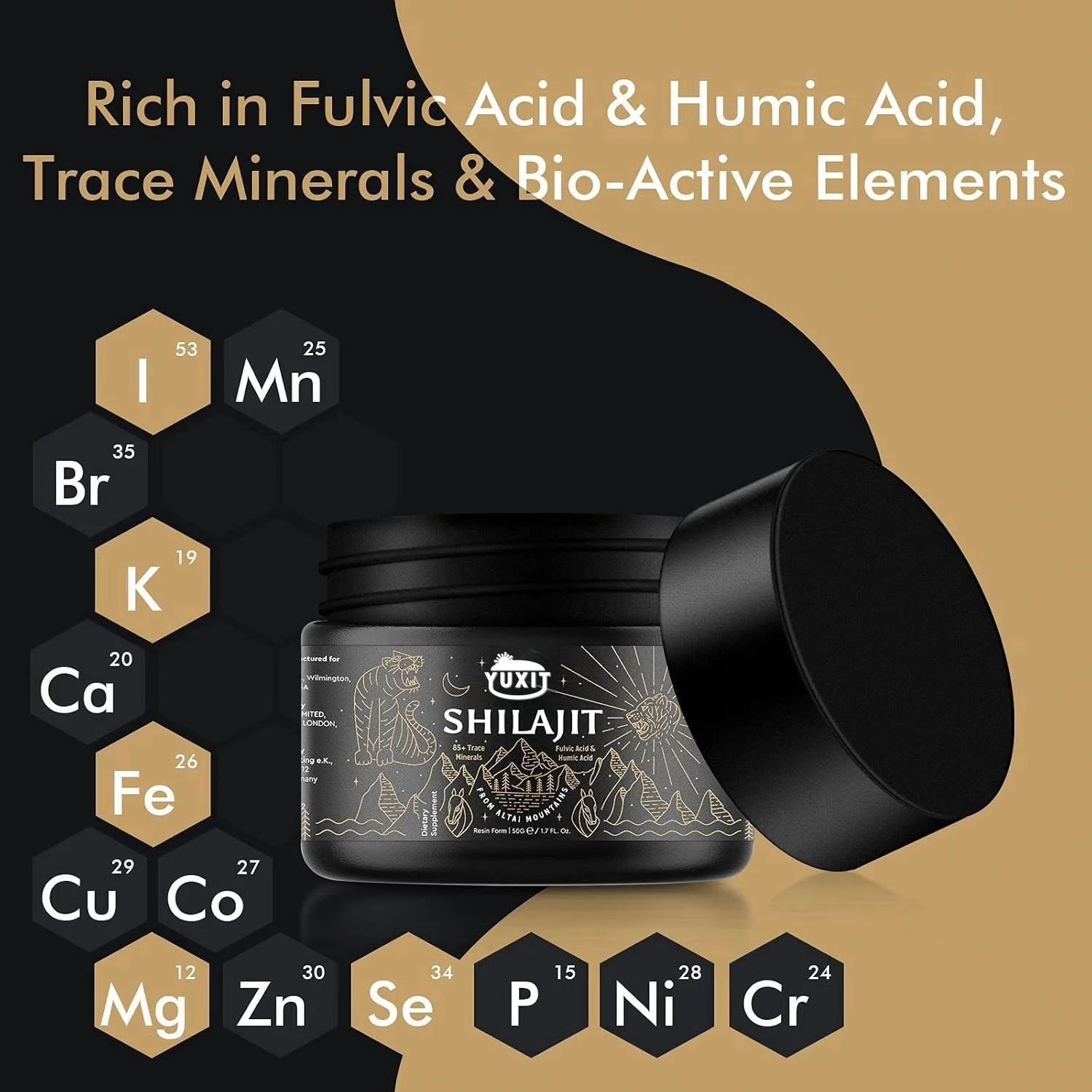 Shilajit Resin ประกอบด้วยกรดฟูลวิคและแร่ธาตุ และ Shilajit บริสุทธิ์ไซบีเรียนดั้งเดิมประกอบด้วยเจลเสริมกรดฟูลวิค 85+