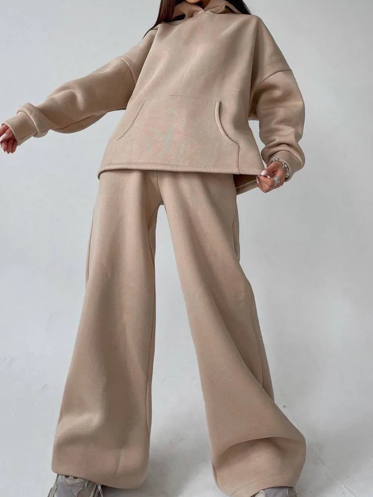 

Женский простой однотонный комплект брюк, осенне-зимний свитшот с карманами и капюшоном, топ, широкие брюки, комплекты из двух предметов