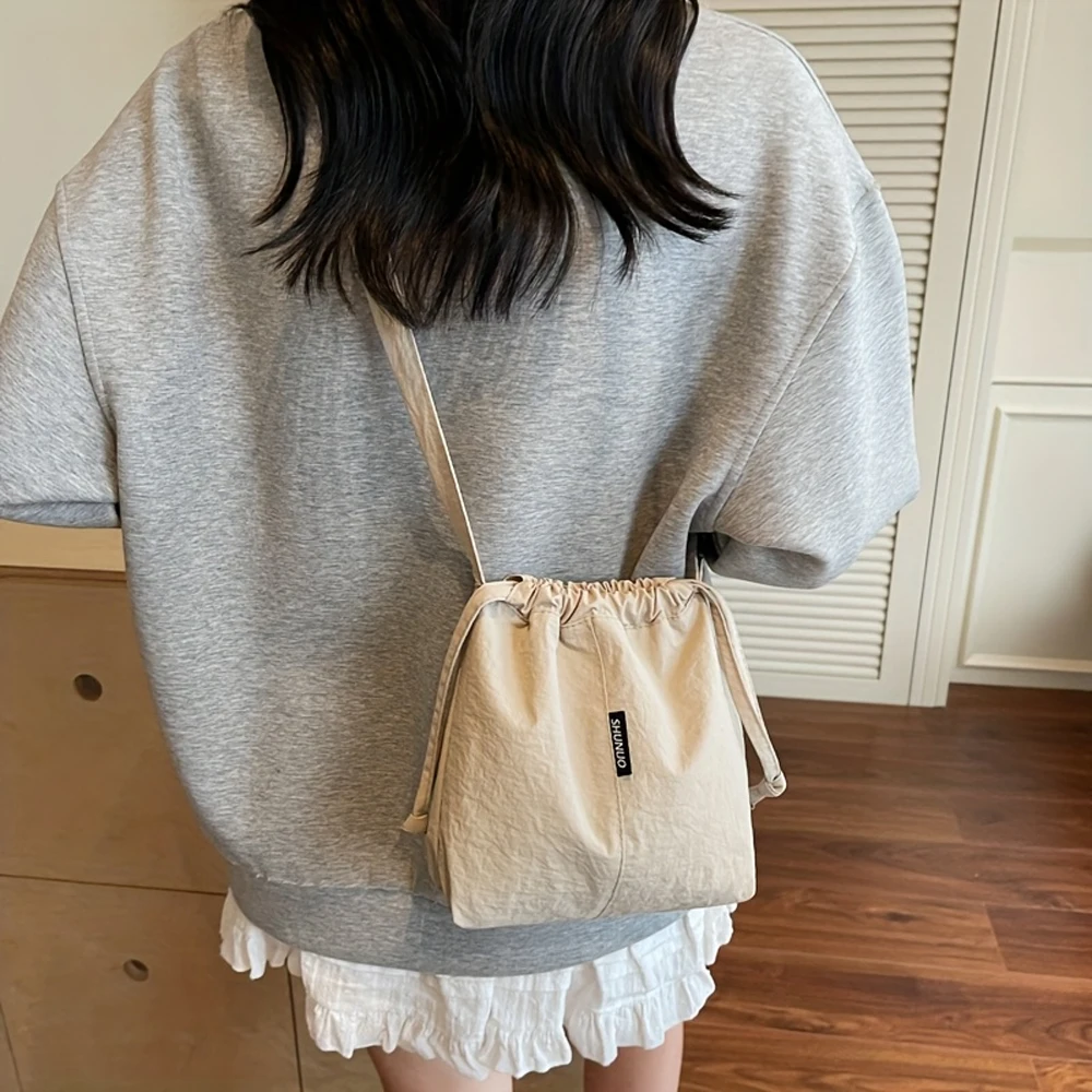 Lady Crossbody Bag, Rope-fastened Canvas Bag, New Fashionable Distinctive Design Crossbody Bag, Bulging Bucket-shaped Bag