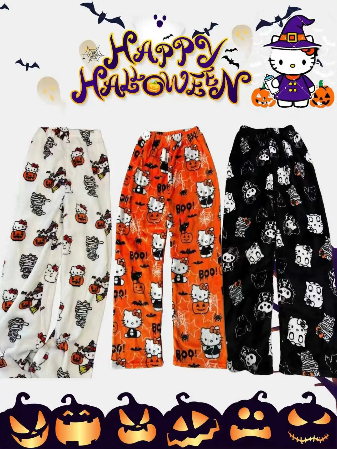 New Anime Stitch Pajama Pants Hello Kitty Halloween Cartoon Pajama Trousers Woman's Home Pants Autumn Winter Loungewear Trouser