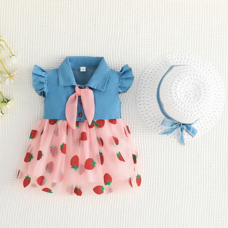 2Pcs/SetCross border Summer New Girl\'s Dress Strawberry Embroidered Mesh Skirt Sleeveless Spliced Denim Skirt with Hat