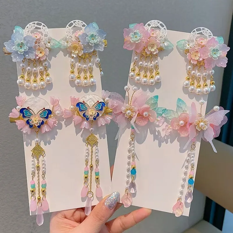 

Традиционные аксессуары для волос, висячие заколки с цветочным принтом и хрустальными кисточками-бабочками для девочек, заколки для волос принцессы в древнем стиле