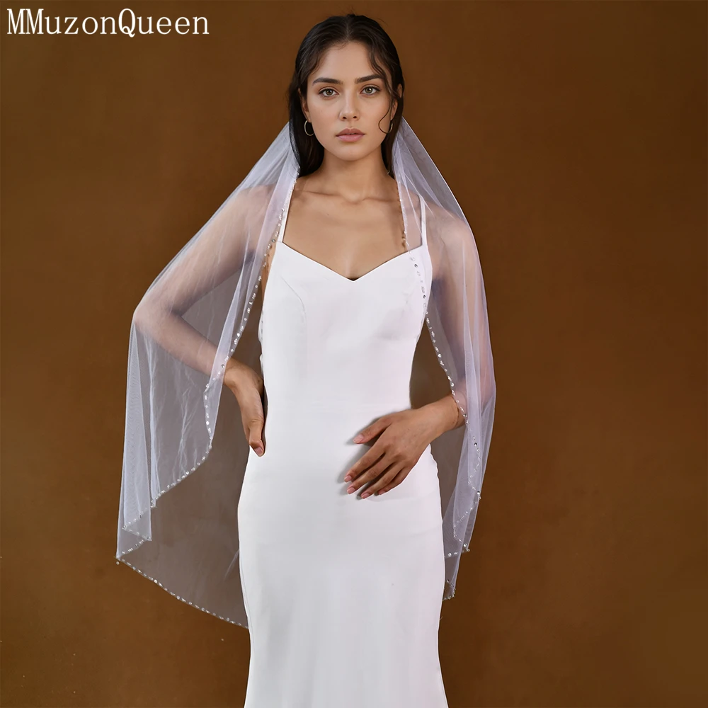 MMQ White Beaded Edge Bridal Veil Refers To Long Soft Tulle Wedding Accessory For Women's Wedding Dresses capa nupcial novia M22