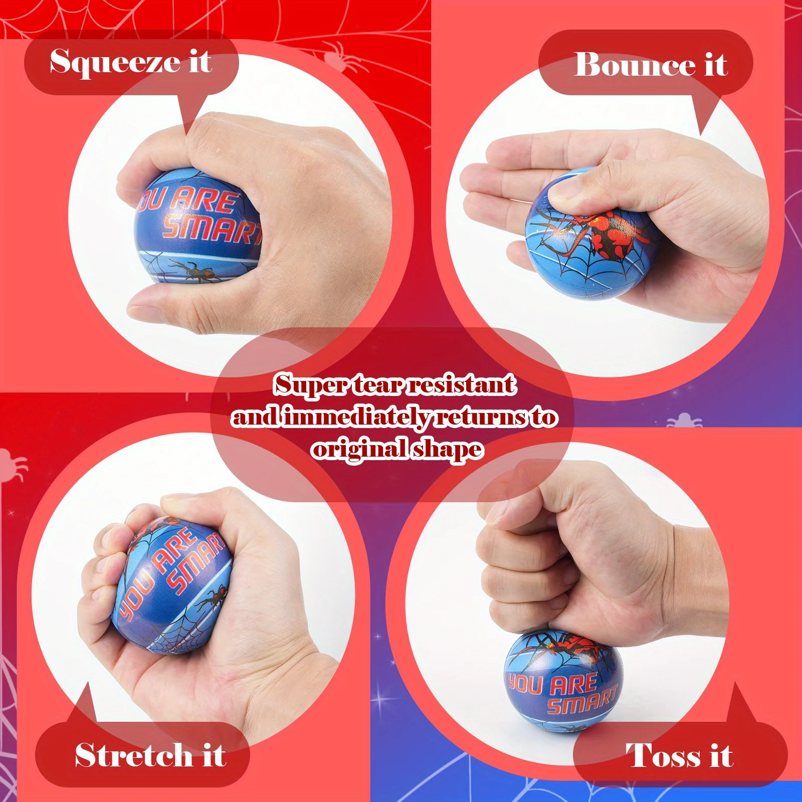 12/24 Pcs Spider Squeeze Balls - 6 Patterns, Stress Relief Toys for Adults & Kids, Halloween/Christmas/Birthday Gifts