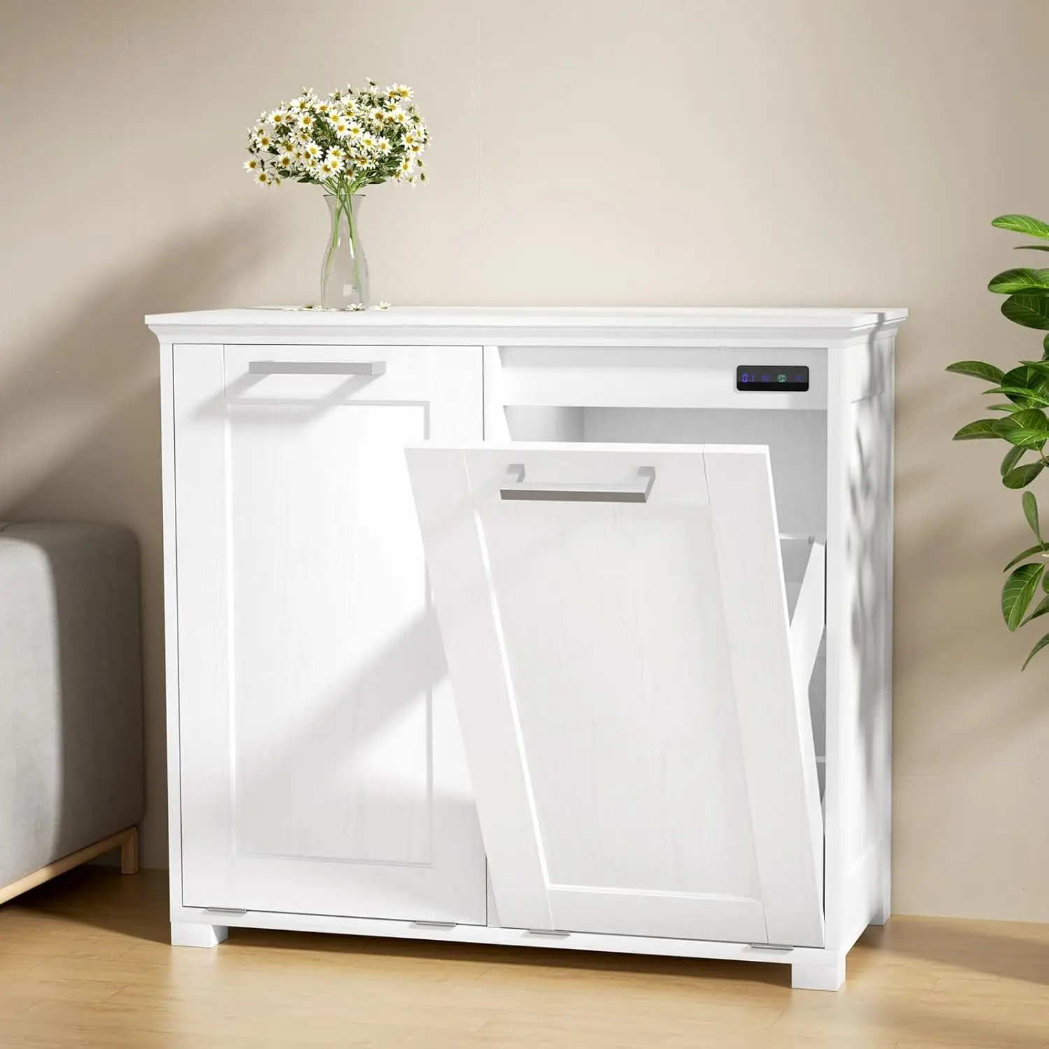 Tilt Out Trash Cabinet, Wooden Kitchen Trash Can Cabinet with Deodorising Function, 2 * 10 Gallons Hidden Laundry Sorter