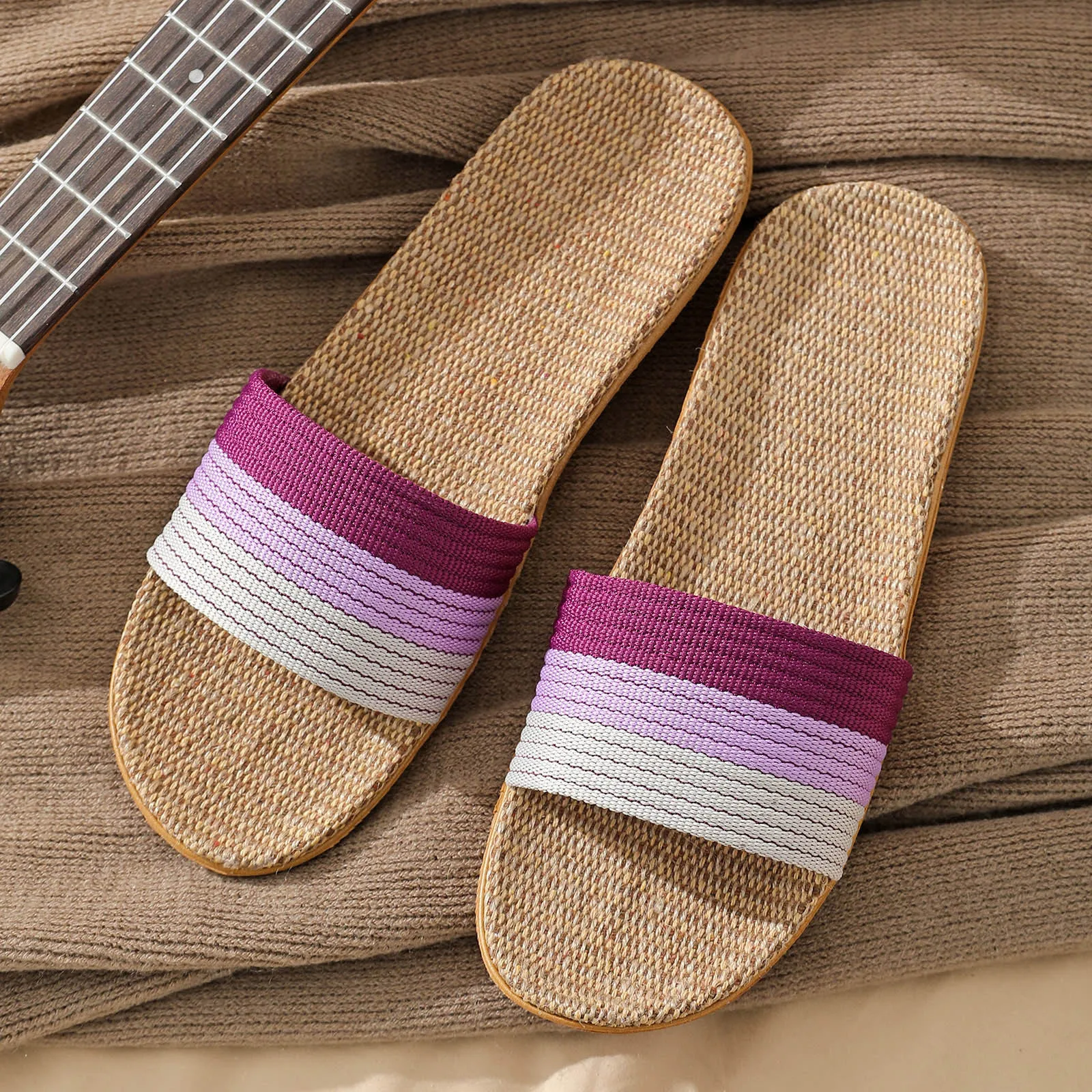 Women\'S Slippers Linen Lightweight Beach Outside Flat Sandals Ladies Casual Summer Stripe Homewear Slippers