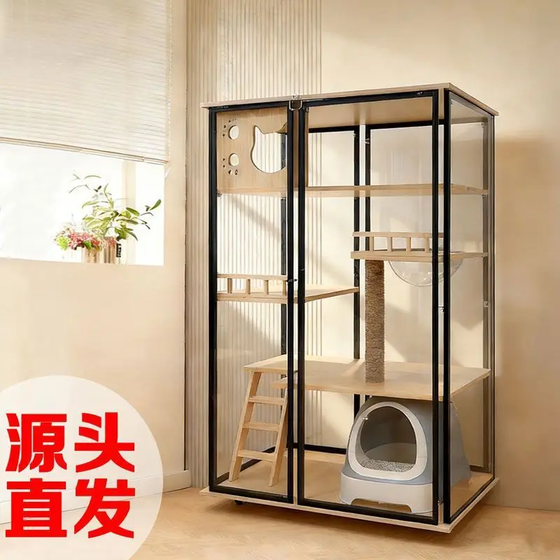 Glass solid wood cat cage   room luxury transparent household oversized cat cabinet  house   panoramic
