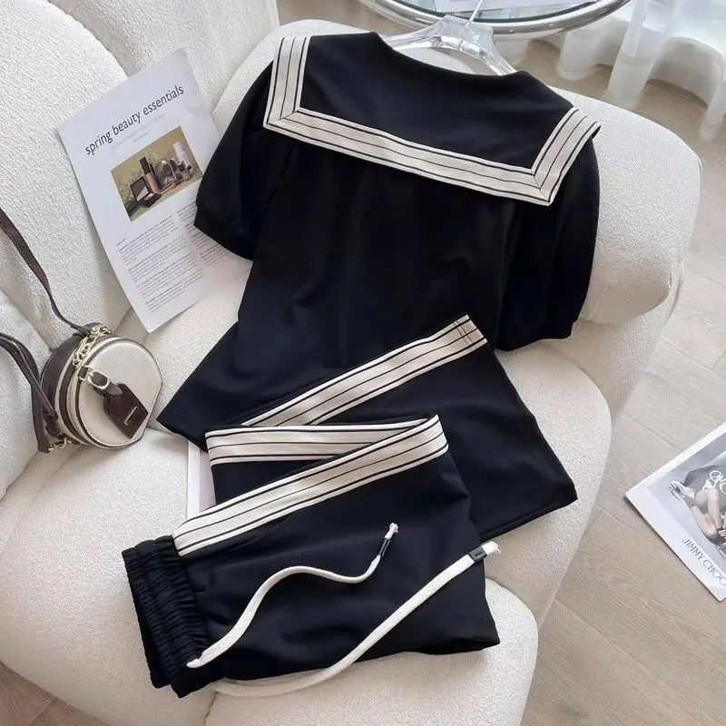 2024 New Leisure Sports Women's Summer Fashion Age Reducing Navy Neck Short Sleeve Wide Leg Pants Two Piece Set