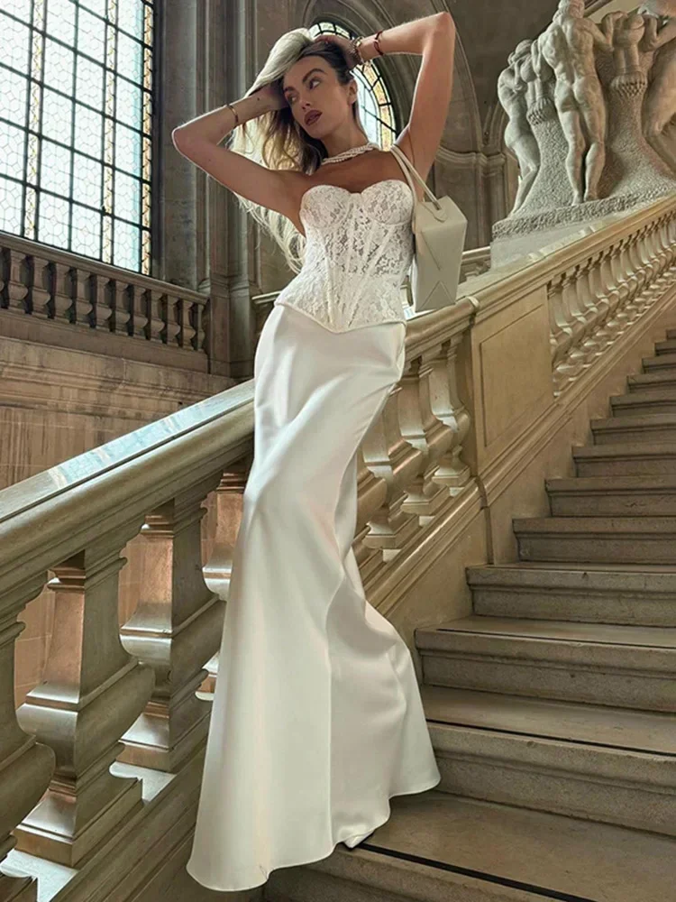 

Women's Lace Dress Two Pieces Set Retro Strapless Fish Bones Top Solid Slim Skirt Suit Ladies Elegant Party Dress Sets