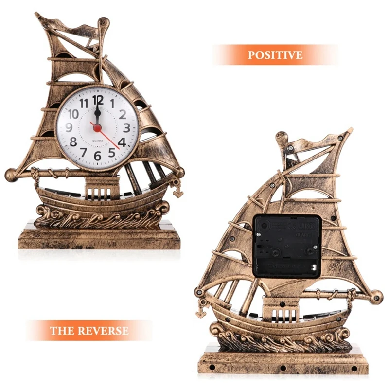 Clock Alarm Sailboat Table Vintage Retro Model Ornament Nautical Desk Clocks Boat Figure Silent Bedside,Bronze Color Durable