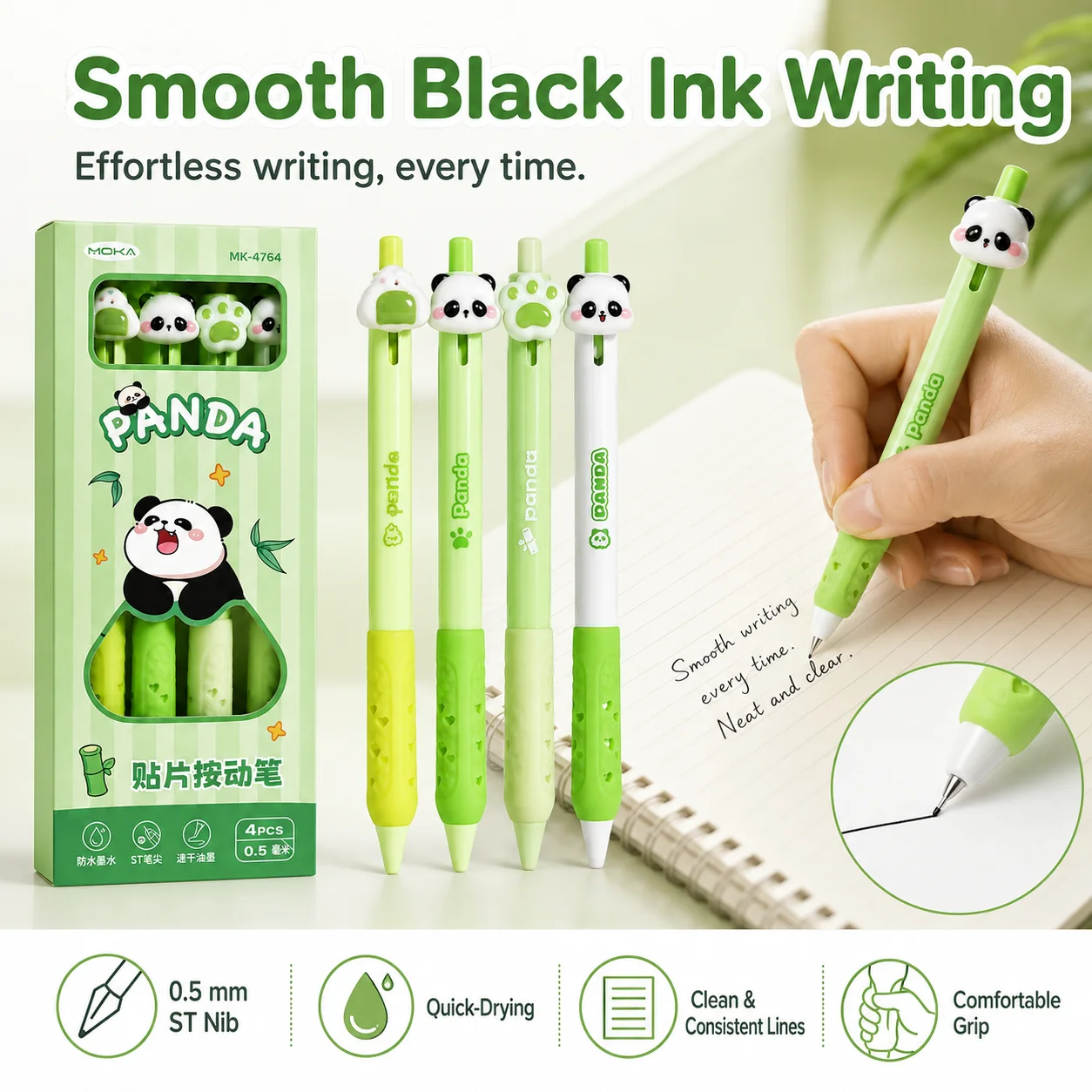 Kawaii Panda Retractable Gel Pen Set 4Pcs, 0.5mm ST Nib Black Ink Soft Grip Pens for Student Office Daily Writing