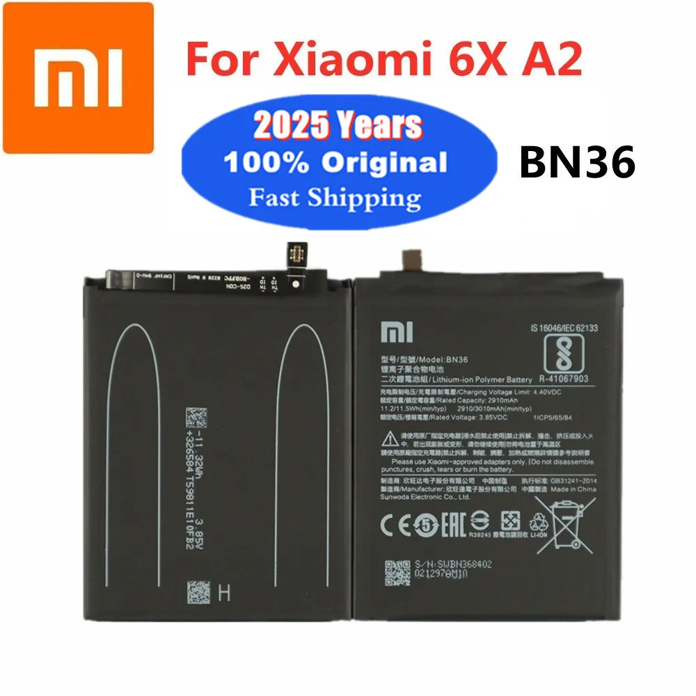 

2025 лет, высококачественный оригинальный аккумулятор BN36 для Xiaomi Mi 6X A2 Mi6X MiA2, 3000 мАч, аккумулятор для телефона, в наличии + номер отслеживания