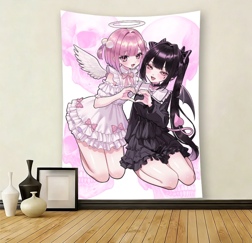 Kawaii Angel & Devil Anime Tapestry, Pink Skull Background Flat Print Wall Hanging, Cute Anime Decor for Bedroom Dorm, Ideal