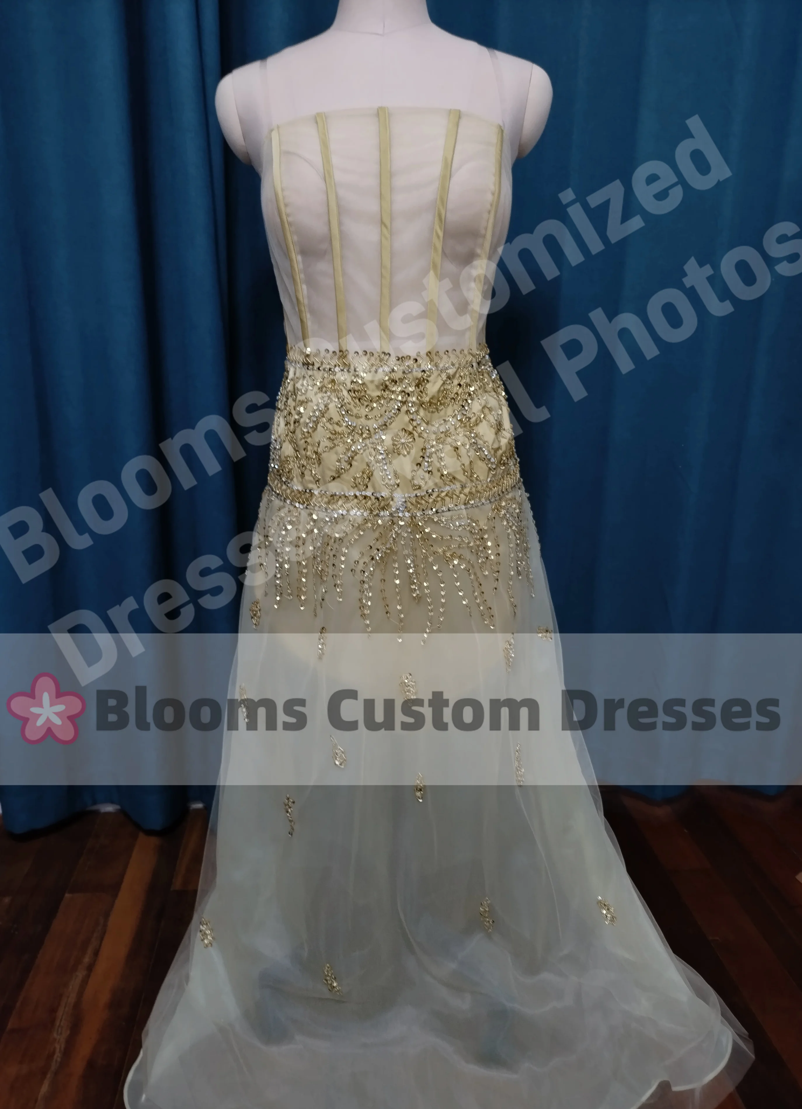 Blooms Customized Glitter Sequins Beadings Luxury Evening Dresses Sexy See Through Formal Gown Long Sleeves 2 Piece Prom Dress