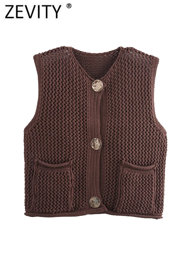 Zevity New Women Sleeveless Big Buttons Design Hollow Out Crochet Short Knitting Vest Sweater Female Chic Waistcoat Tops SW6265