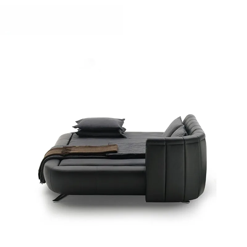 Rotating backrest curved push-pull master bedroom double 180 long black leather bed