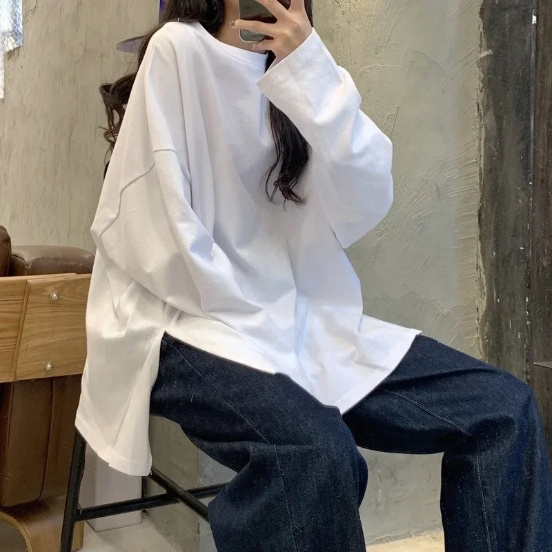 

Harajuku Long T Shirt Spring Autumn Solid Simple Oversized T-shirt for Women Goth blouses y2k Split White Black Long Sleeve Tops