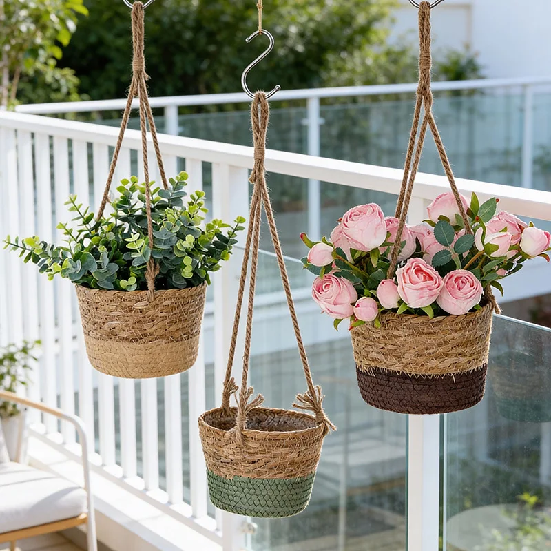 Garden Straw Hanging Basket Planter Twine Woven Flower Basket Rattan Basket Hanging Orchid Pot Pot Hanging Basin