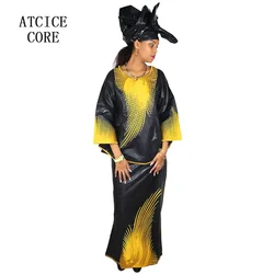 African Dresses For Woman Bazin Riche Embroidery Design Short Rapper With Scarf Three Pcs One Set