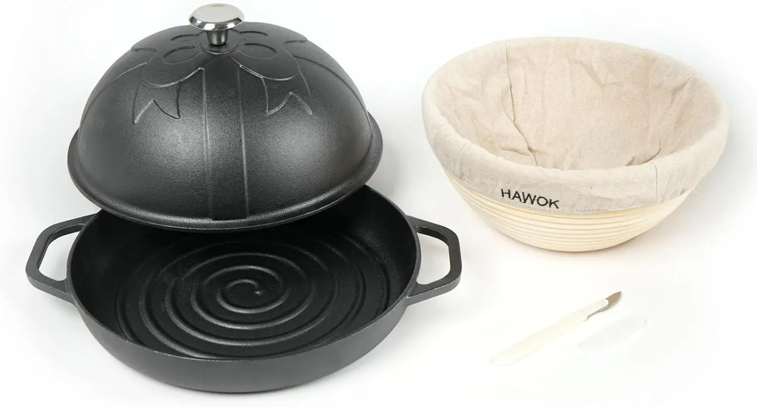 

Cast Iron Bread Oven with Cloche Lid, Dia. 11.8inch/30cm, 2qt, with Proofing Basket Dough Scoring Knife, Sourdough Baking Pan Pr