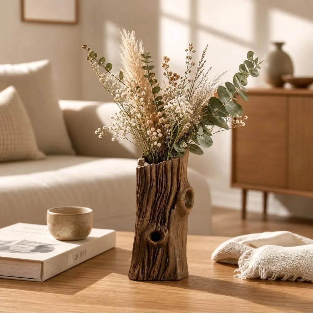 Tree Hole Shape Flower Vase 3D Printed Rustic Style Plant Pot Desktop Decor Artificial Driftwood Planter Indoor Display