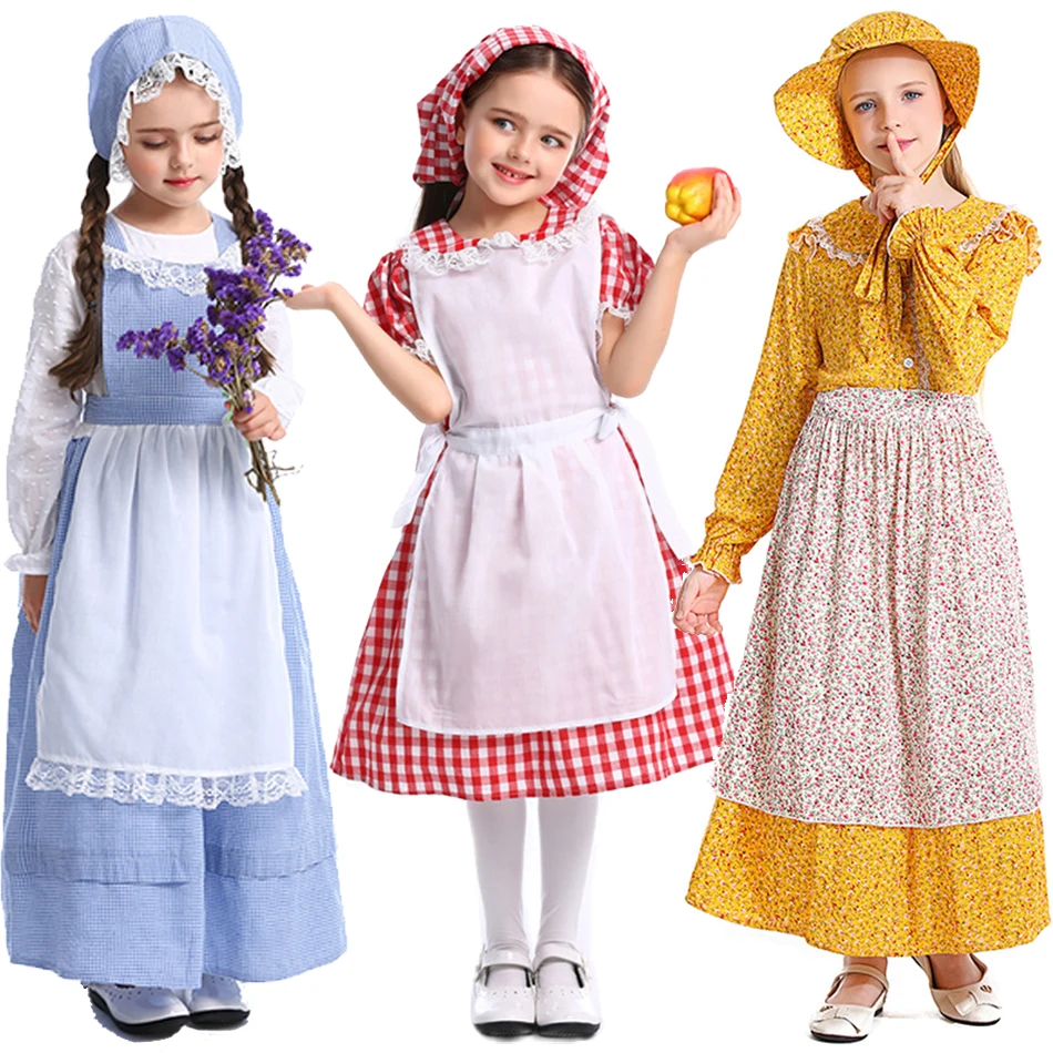 Dziewczyna Żółty Kwiatowy Nadruk Pastoralny Styl Sukienka Dziecko Dramat Scena Występ Halloween Kostium Dzieci Czerwony Niebieski Plaid Farm Odzież