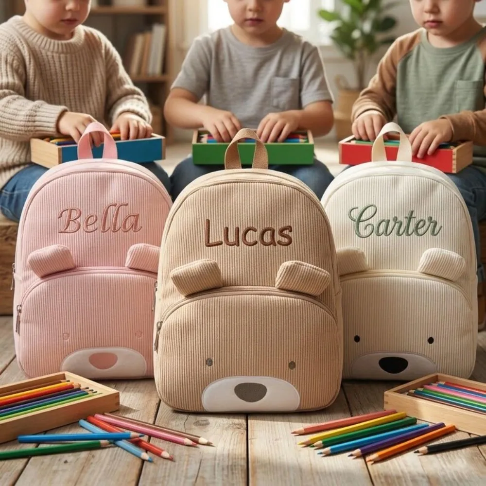 

Customized Name Toddler Backpack Cartoon Bear Corduroy Large Capacity Backpack Embroidered Name Backpack Plush Bag