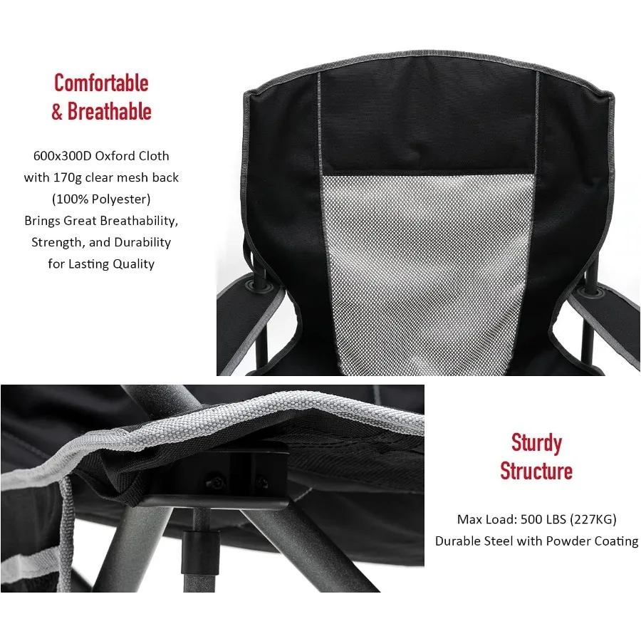 كرسي تخييم قابل للطي كبير الحجم 500 رطل كراسي حديقة شديدة التحمل للبالغين أسود محمول قابل للطي مع جيب حامل أكواب مسند الذراع