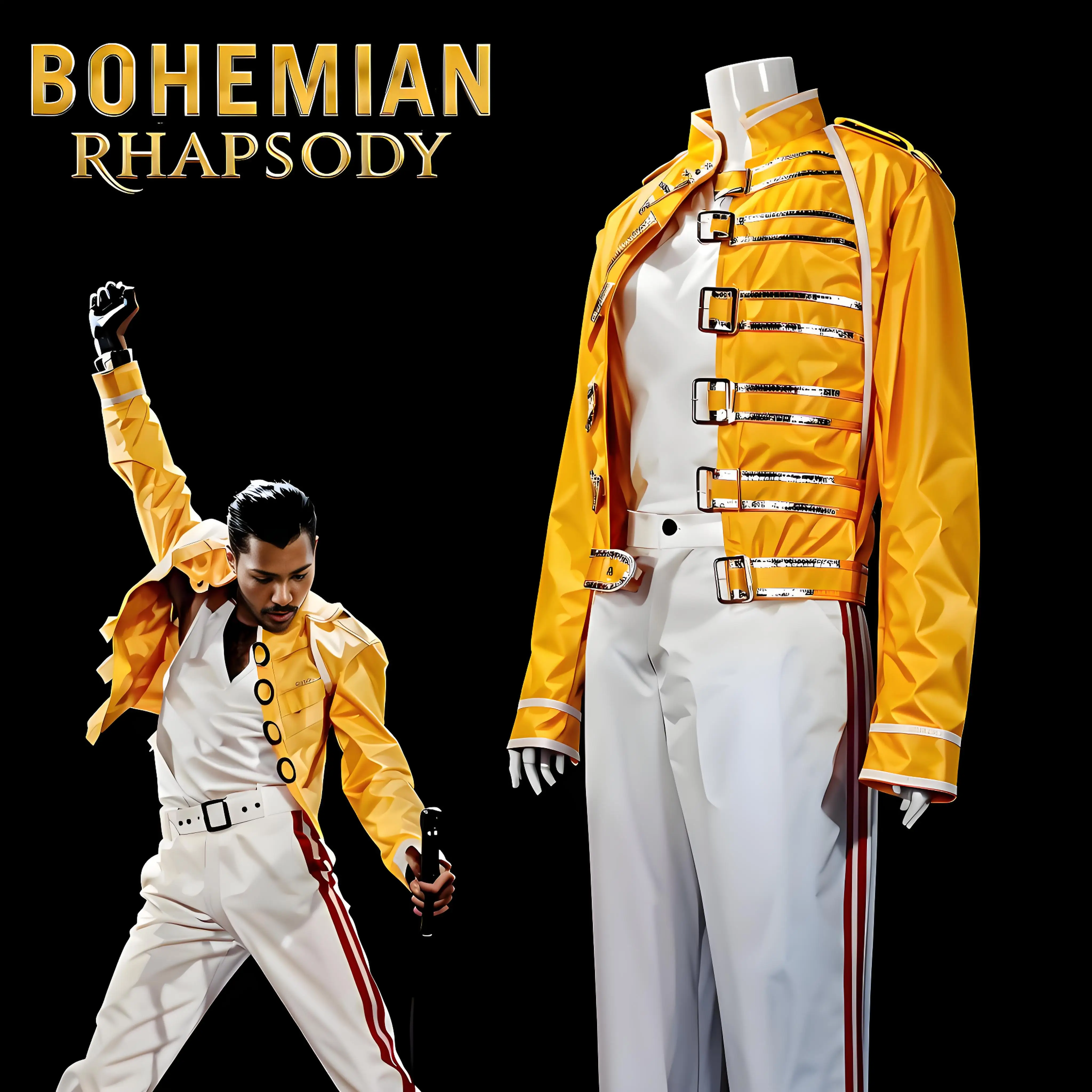 

Queen Lead Vocals Freddie Mercury Cosplay Costume Men Yellow Jacket Coat For Halloween Singer Stage Performance Clothing