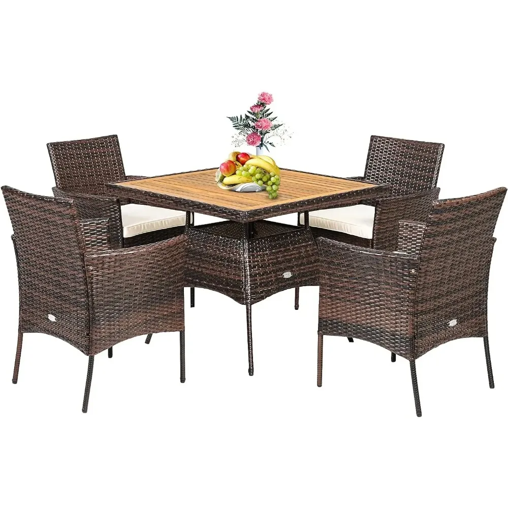 5 Pieces Wicker Patio Dining Set, Outdoor Acacia Wood Dining Furniture with 4 Armrest Chairs & 1 Dining Table, Rattan Set