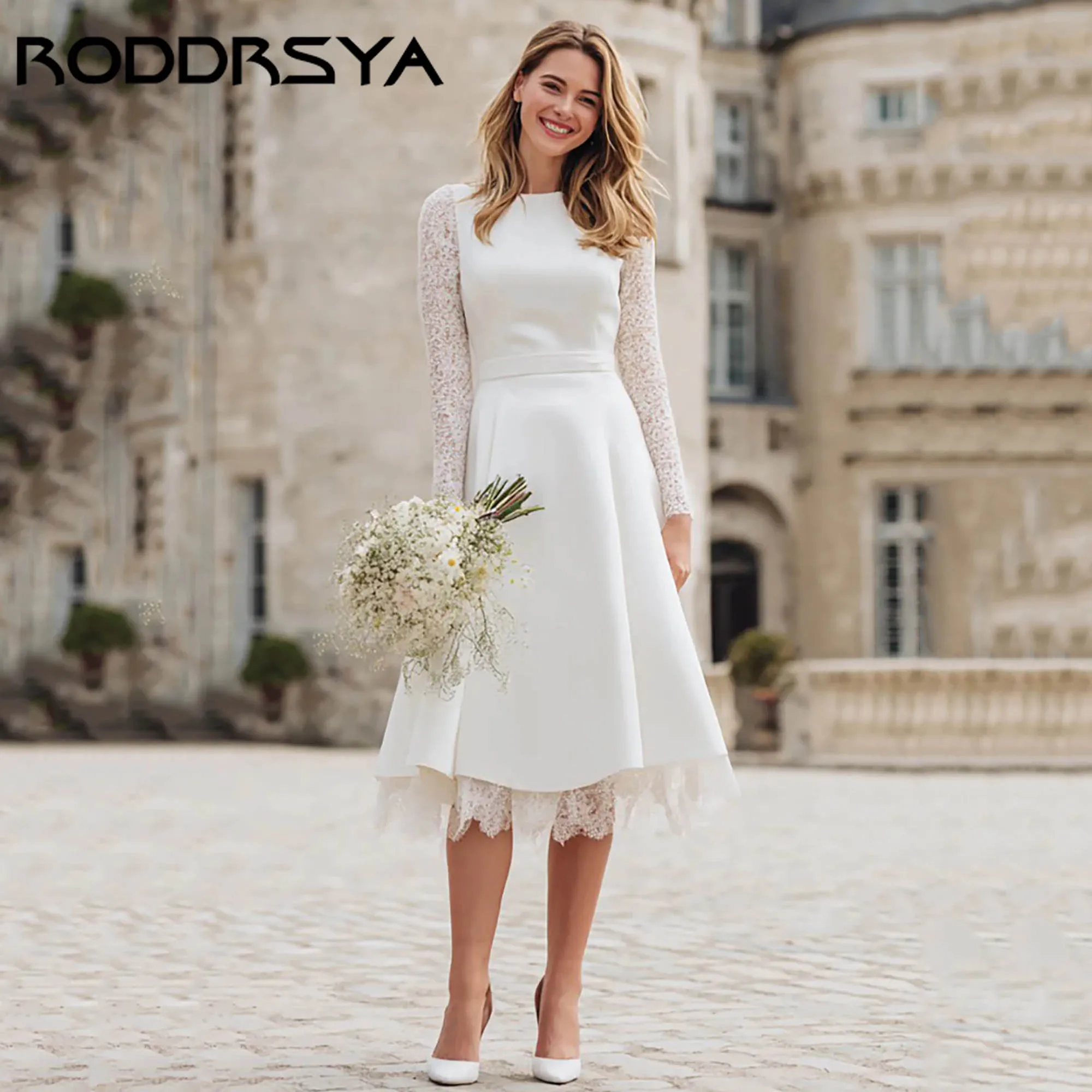 

RODDRSYA Satin Long Sleeve A Line Lace Engagement Dress Vintage Mid-calf Bride Gown O-neck Backless vestidos de novia Customized