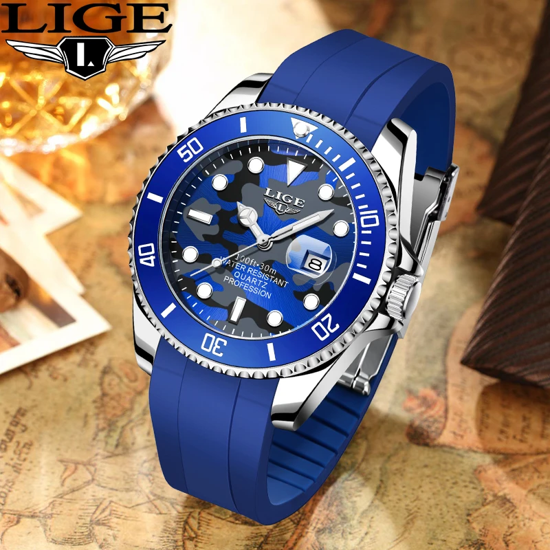 LIGE Watches for Men Fashion Luxury Business Quartz Man Watch Auto Date Wristwatch Sport 30M Waterproof Silicone Strap Clock+Box