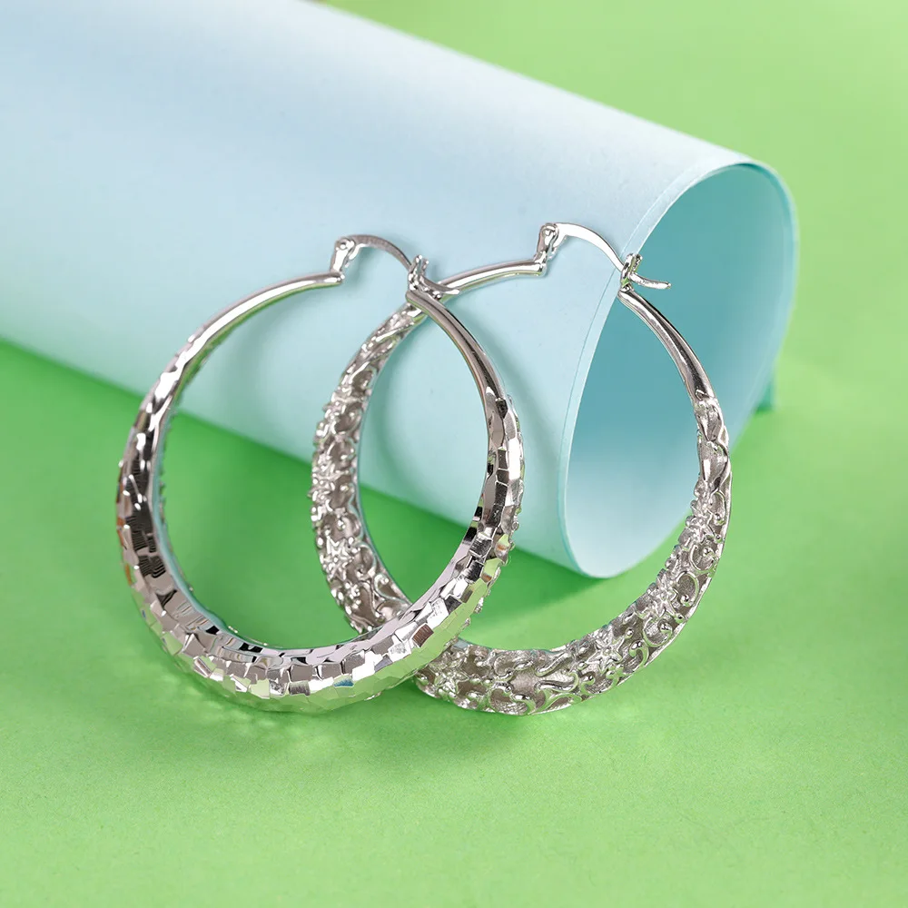 

40MM Glossy 925 Sterling Silver Huge French Hoop Earrings for Women Knocking Facet Sparkly Silver Hoops Hollow Circles Earrings