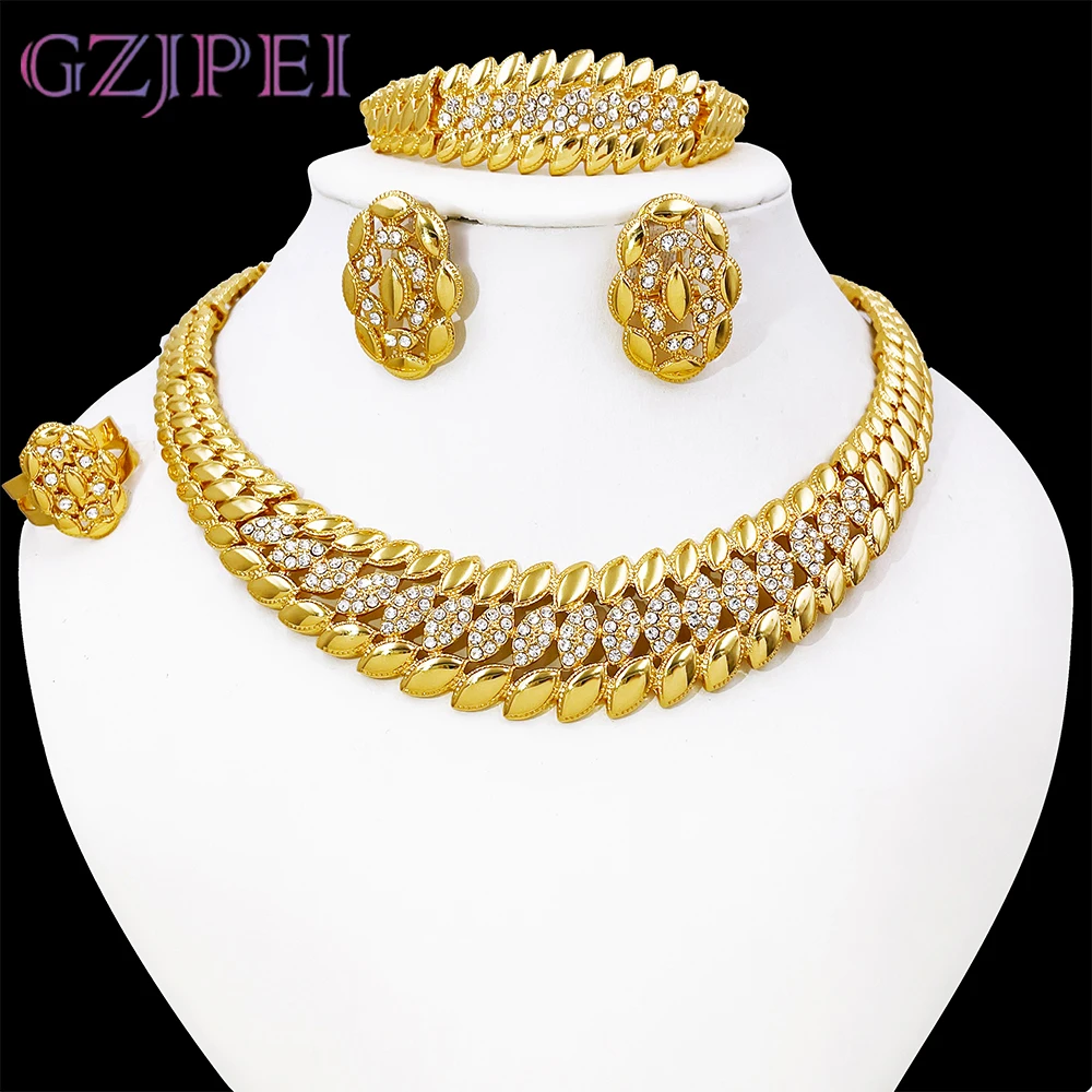 

High Quality Dubai Gold Plated Jewelry Set For Women Luxury Design Spike Necklace Earrings Bracelet Ring For Weeding Party Gift