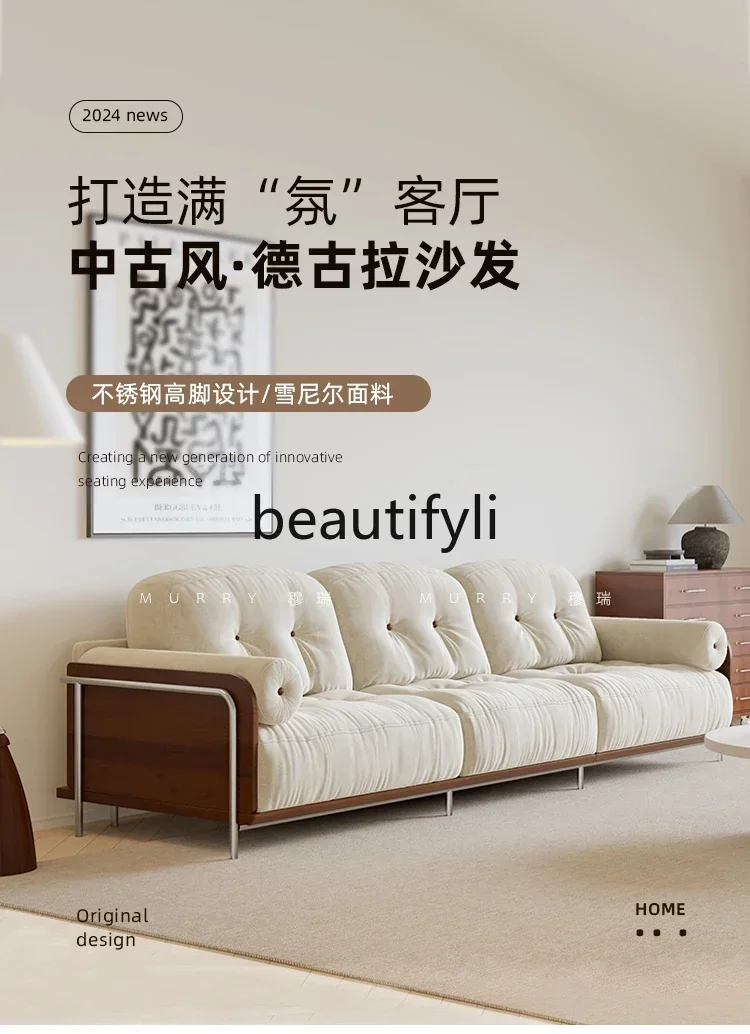 

Solid wood retro sofa small apartment living room three-person straight row removable and washable antique fabric sofa
