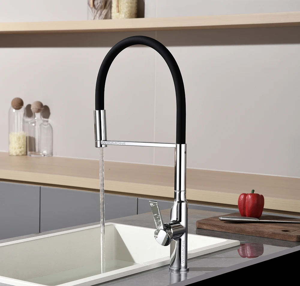ก๊อกน้ำห้องครัวหรูหราทันสมัยคุณภาพสูง 360 °   ก๊อกน้ำแบบหมุนดึงลง สปริงในตัว สีโรสโกลด์ สำหรับอ่างล้างจานในครัว