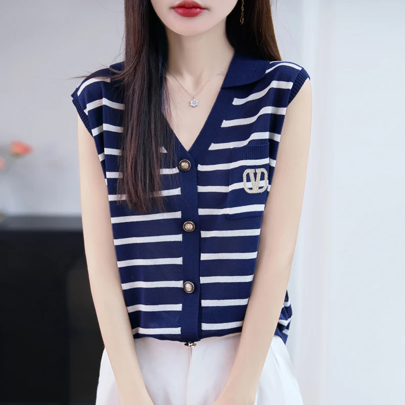 

Summer new women's 100% Lyocell T-shirt casual knitted pullover vest with lapel and sleeveless cardigan simple embroidery Tees