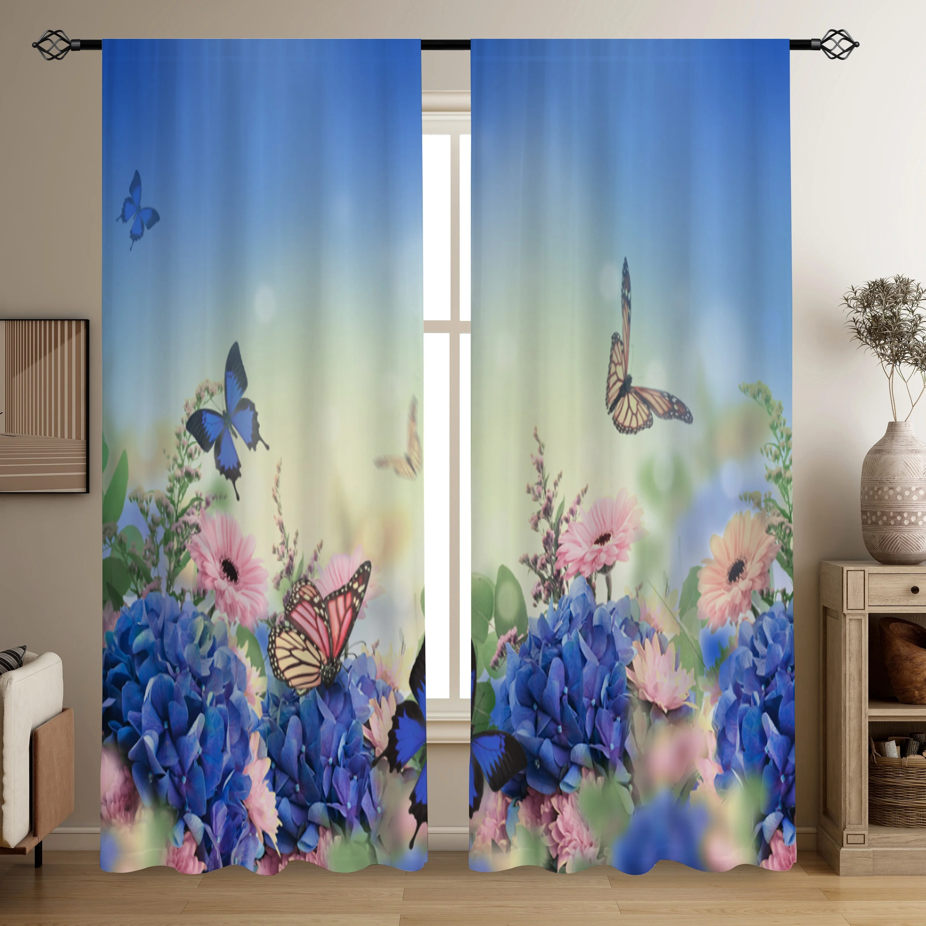 Elegant Blue Floral Butterfly Curtains for Living Room Window Decoration Cottage Garden Style Window Treatment Drapes Panel