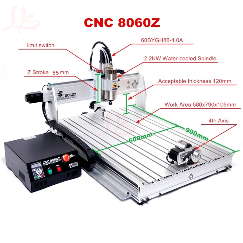 4 Axis Wood Working Milling Machines 8060Z 2200W 1500W Water Cooling Spindle Metal Engraver Engraving Cutting Drilling Machine