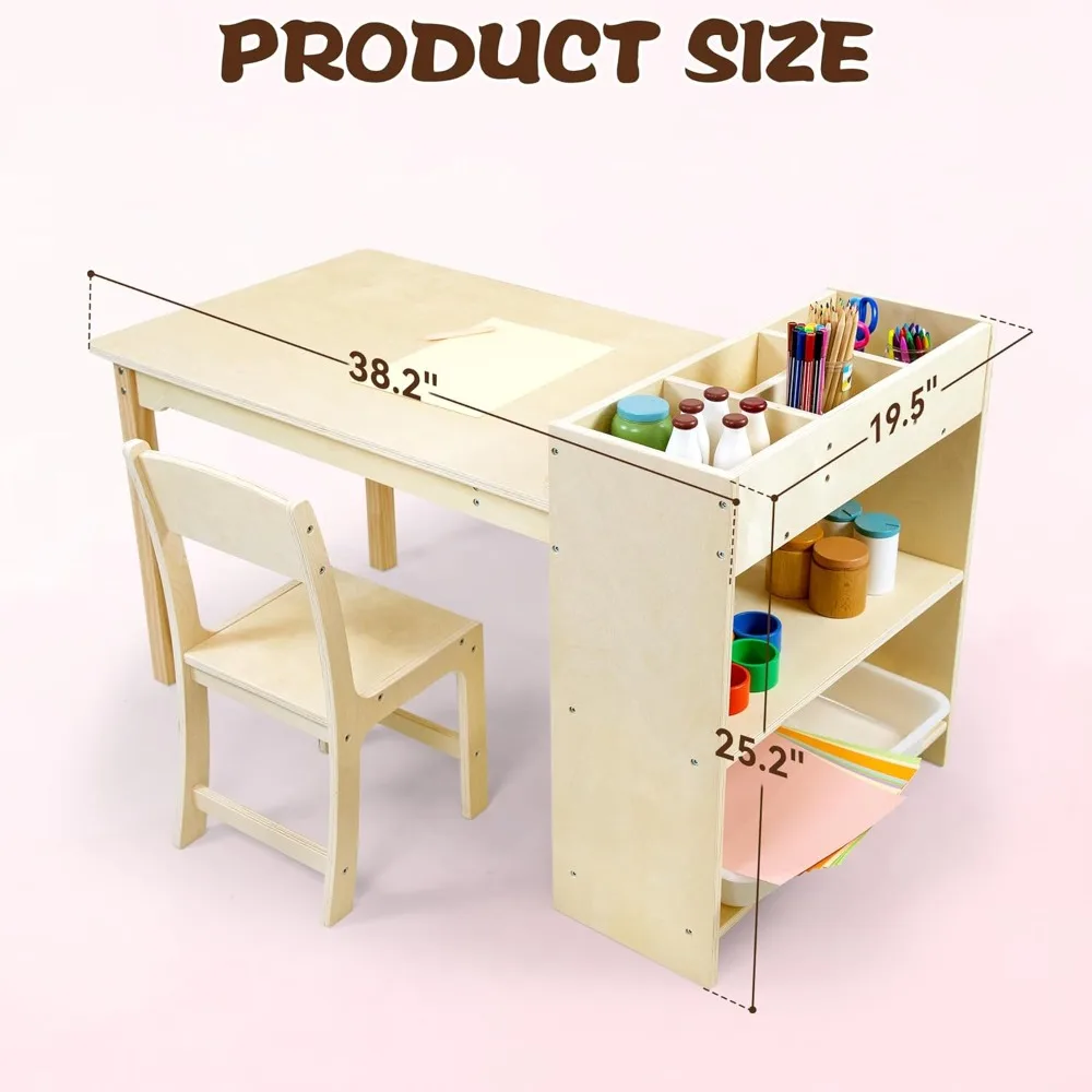 Kids Art Table and Chair Set, Birch Wooden Activity Craft Table, Kids Drawing Table, Toddler Desk with Storage and 1 Chair