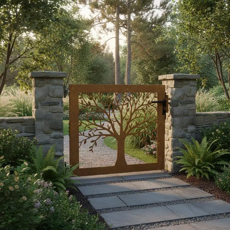 Corten-Stahl Gartentor im Baumdesign 85x150cm, Rustikales Gartentor, Leicht zu Reinigen, Hochwertig, Perfekt für den Außenbereich