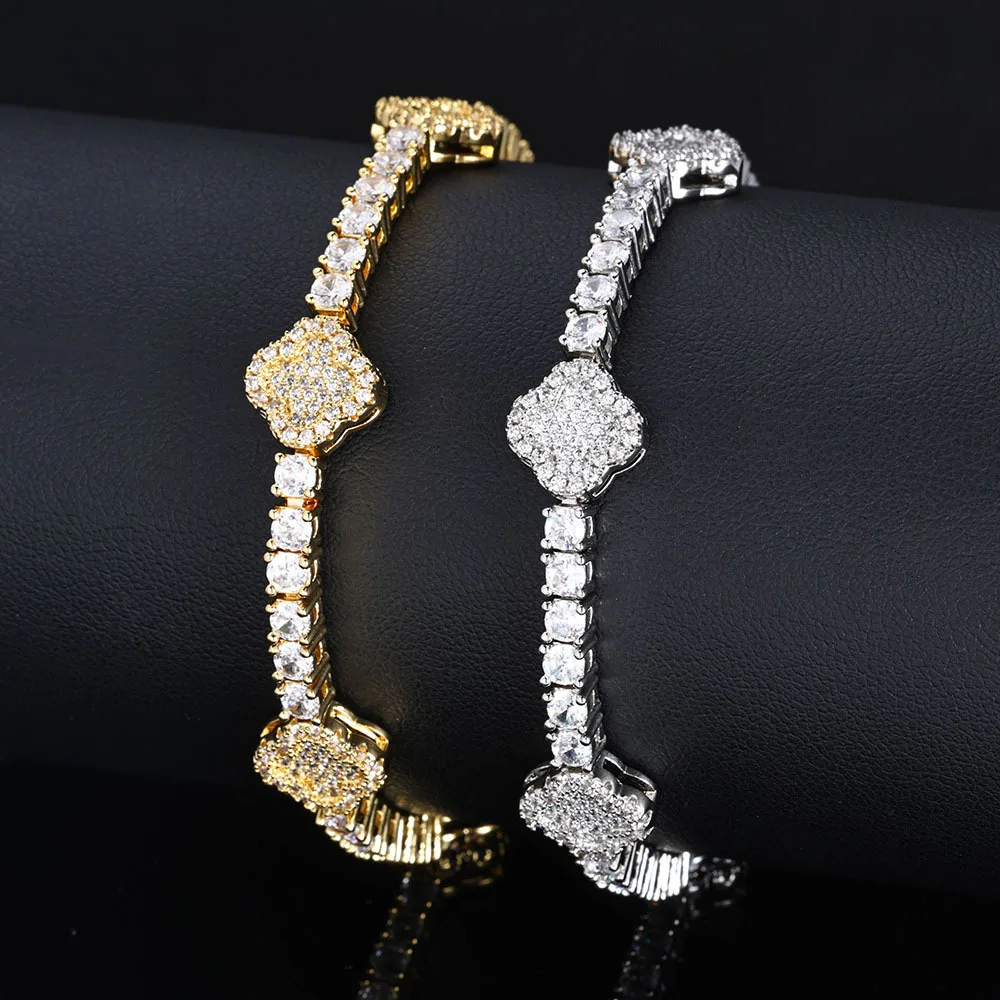 Hip hop spring buckle zircon tennis chain clover men's bracelet accessories high-end accessories